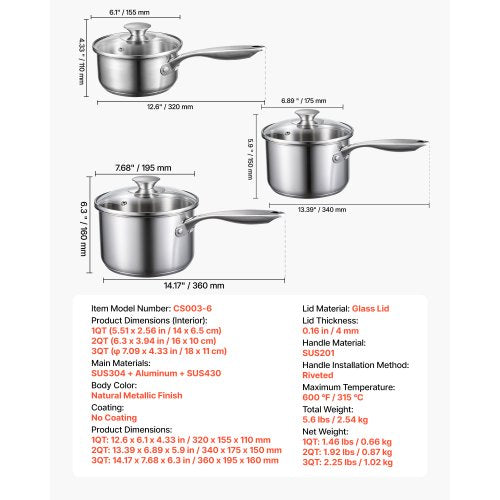 Kastrullset i rostfritt stål, 1 QT & 2 QT & 3 QT kastruller med glaslock, mångsidig nonstick-beläggning i rostfritt stål med ergonomiskt handtag, lämplig för ugn, diskmaskin, induktionshäll |  EU