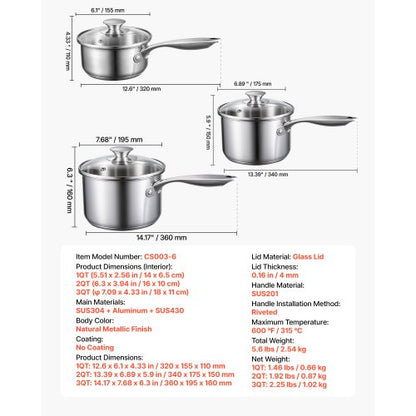 Kastrullset i rostfritt stål, 1 QT & 2 QT & 3 QT kastruller med glaslock, mångsidig nonstick-beläggning i rostfritt stål med ergonomiskt handtag, lämplig för ugn, diskmaskin, induktionshäll |  EU