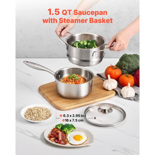 1,5 QT kastrull med ångkokare, kastrull i rostfritt stål med glaslock, multifunktionell nonstick-såsgryta i rostfritt stål med ergonomiskt handtag, lämplig för ugn, diskmaskin, induktionshäll |  EU