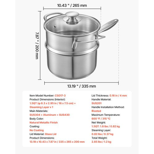 1,5 QT kastrull med ångkokare, kastrull i rostfritt stål med glaslock, multifunktionell nonstick-såsgryta i rostfritt stål med ergonomiskt handtag, lämplig för ugn, diskmaskin, induktionshäll |  EU