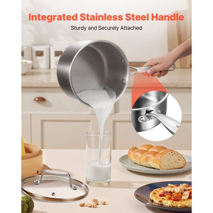 4 QT Kastrull, Rostfri Stålkastrull med Glaslock, Multifunktionell Nonstick Rostfri Stål Liten Såsgryta med Ergonomiskt Handtag, Lämplig för Ugn, Diskmaskin, Induktionshäll |  EU