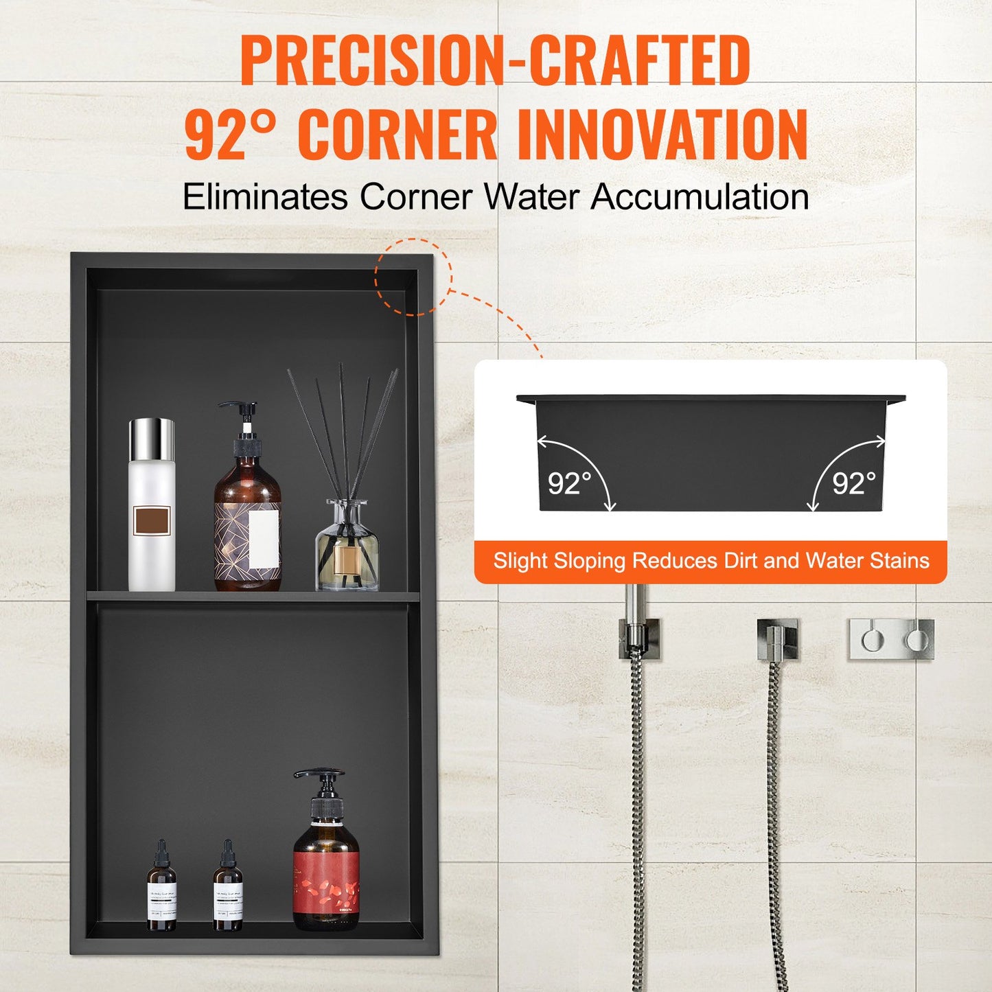 33.02 x 63.5 cm No Tile Shower Niche 304 Stainless Steel, Wall Mounted Niche Recessed Double Shelves, Sealed Waterproof Rust Resistant Modern Niche for Shower or Soap Storage Bathroom