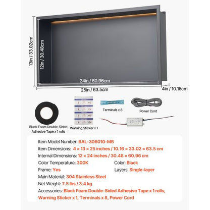 Duschnisch 33,0x63,5x10,2 cm Infälld hylla med LED-list i rostfritt stål