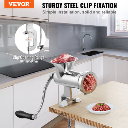 Manual meat grinder, 304 stainless steel hand meat grinder with steel table clamp, minced meat sausage machine and 2 cutting plates, cake accessories, sausage tube for beef pepper mushroom cake