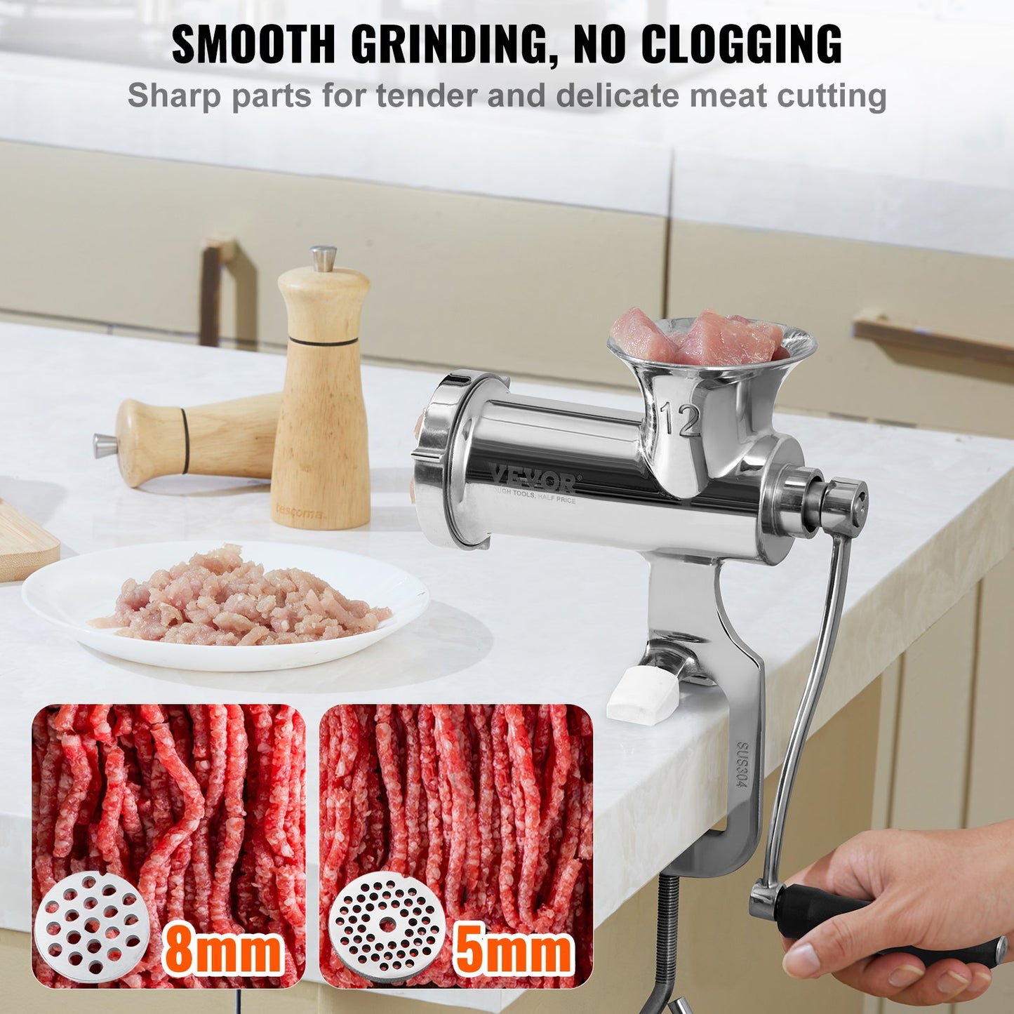 Manual meat grinder, 304 stainless steel hand meat grinder with steel table clamp, minced meat sausage machine and 2 cutting plates, cake accessories, sausage tube for beef pepper mushroom cake