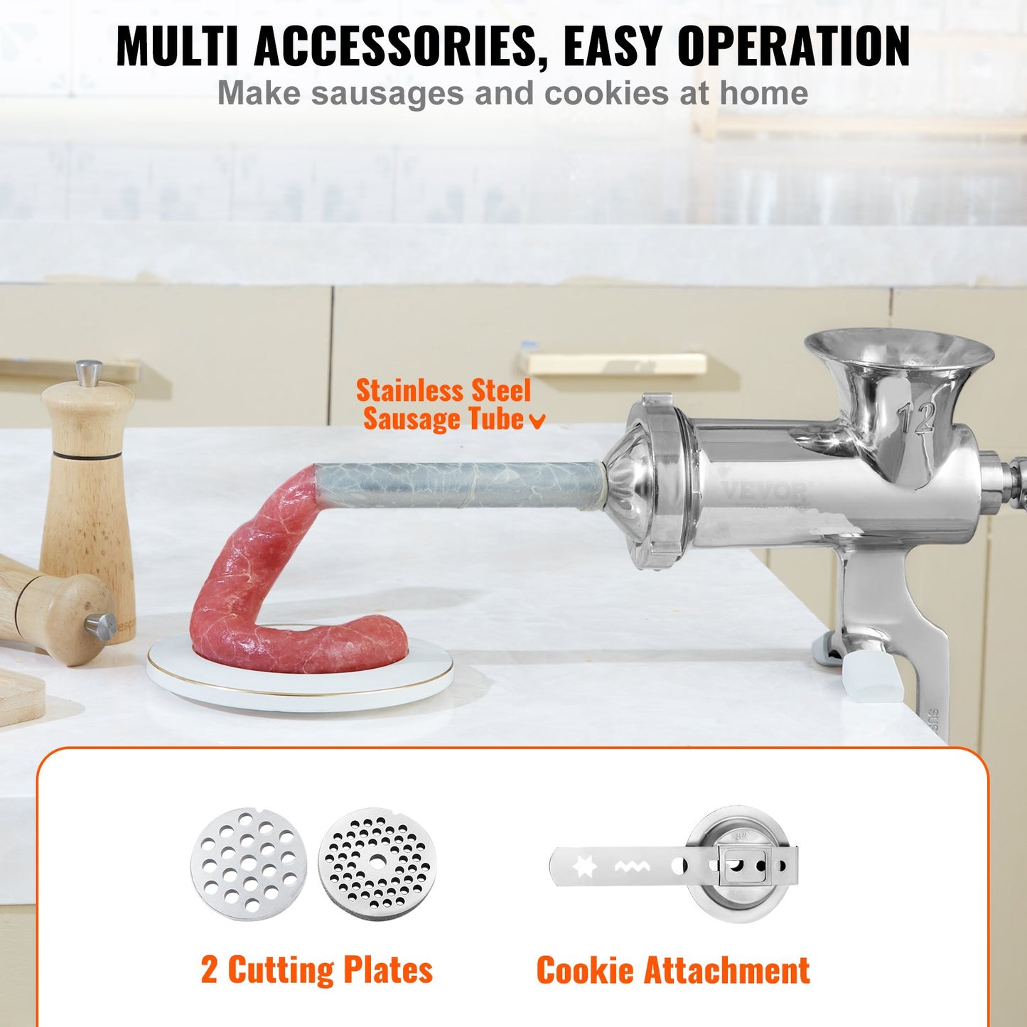 Manual meat grinder, 304 stainless steel hand meat grinder with steel table clamp, minced meat sausage machine and 2 cutting plates, cake accessories, sausage tube for beef pepper mushroom cake
