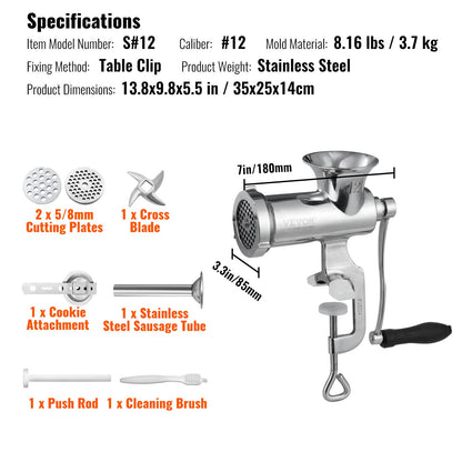Manual meat grinder, 304 stainless steel hand meat grinder with steel table clamp, minced meat sausage machine and 2 cutting plates, cake accessories, sausage tube for beef pepper mushroom cake