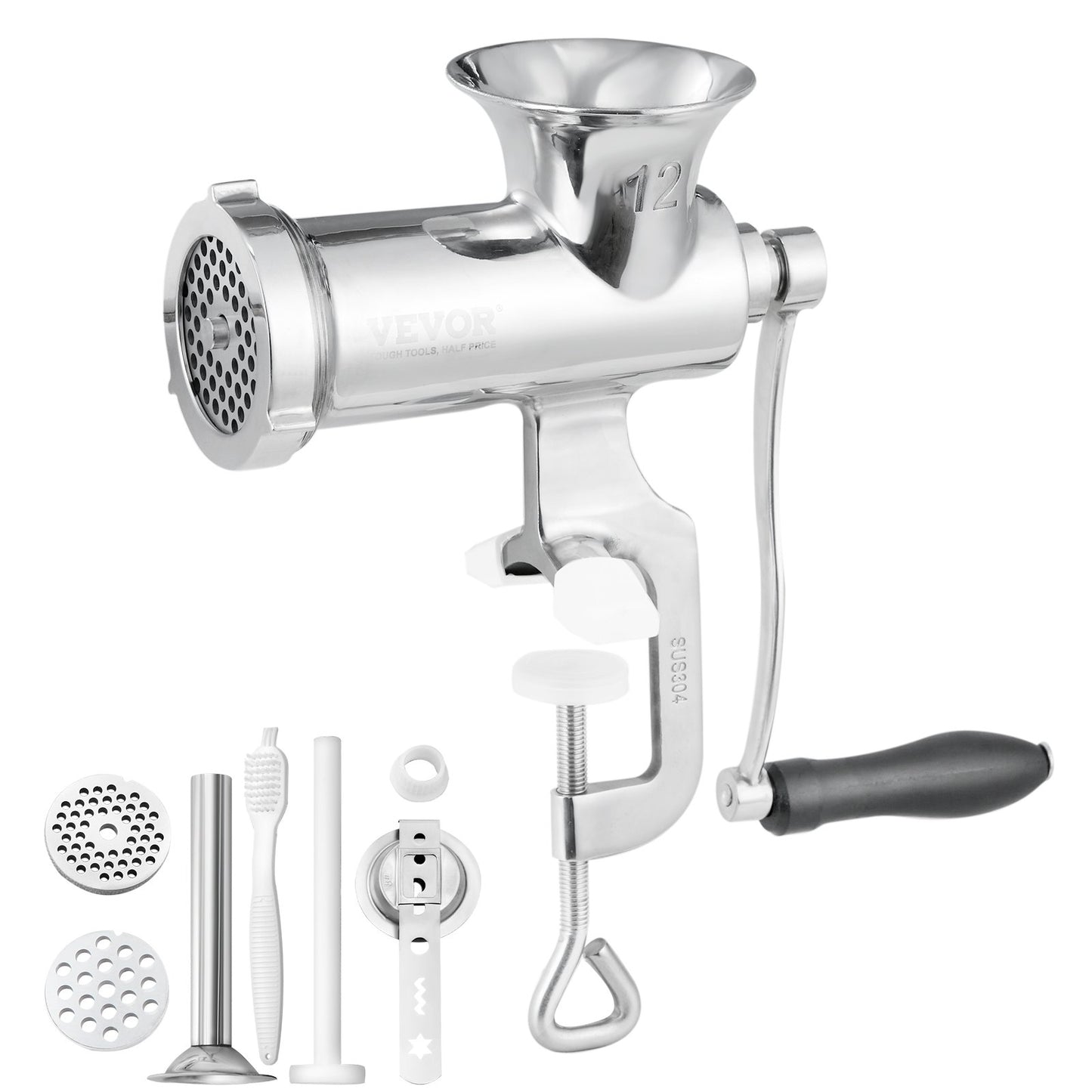 Manual meat grinder, 304 stainless steel hand meat grinder with steel table clamp, minced meat sausage machine and 2 cutting plates, cake accessories, sausage tube for beef pepper mushroom cake