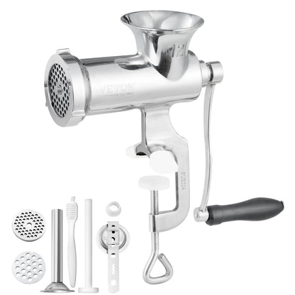 Manual meat grinder, 304 stainless steel hand meat grinder with steel table clamp, minced meat sausage machine and 2 cutting plates, cake accessories, sausage tube for beef pepper mushroom cake