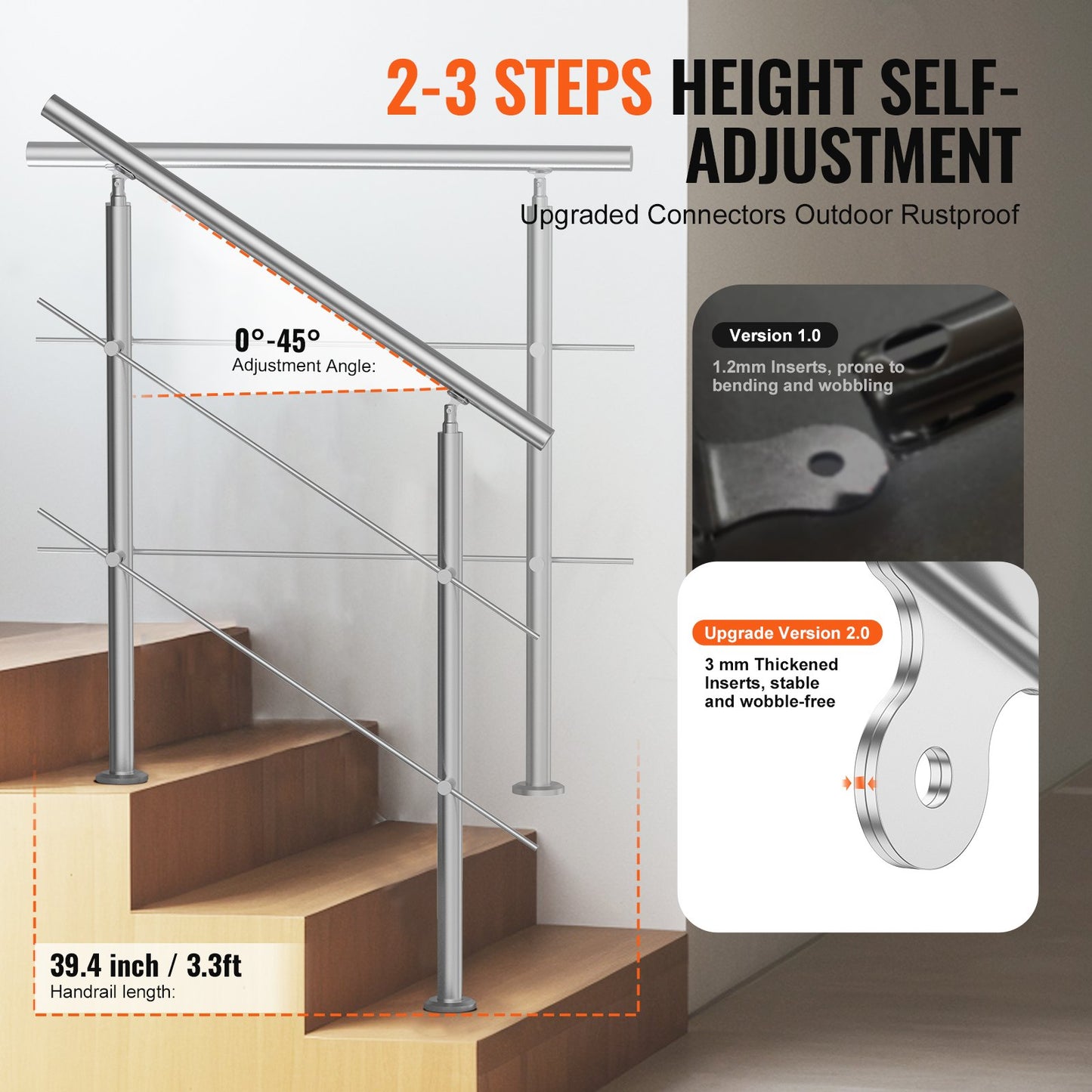 39.4 Inch Outdoor Stair Handrails 2 Crossbars Stairs for Porch Deck