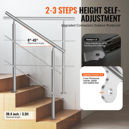39.4 Inch Outdoor Stair Handrails 2 Crossbars Stairs for Porch Deck