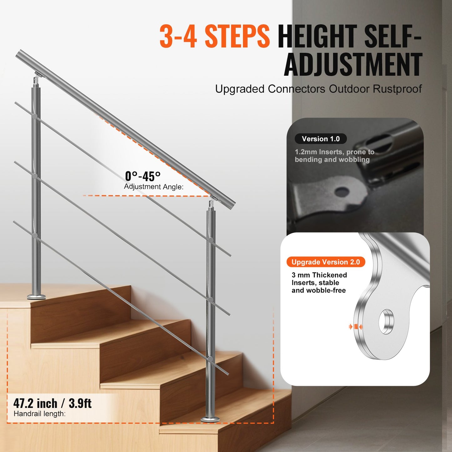 47.2in Handrails for Outdoor Stairs 3 Crossbars Stairs for Porch Deck