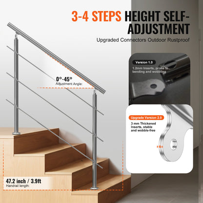 47.2in Handrails for Outdoor Stairs 3 Crossbars Stairs for Porch Deck