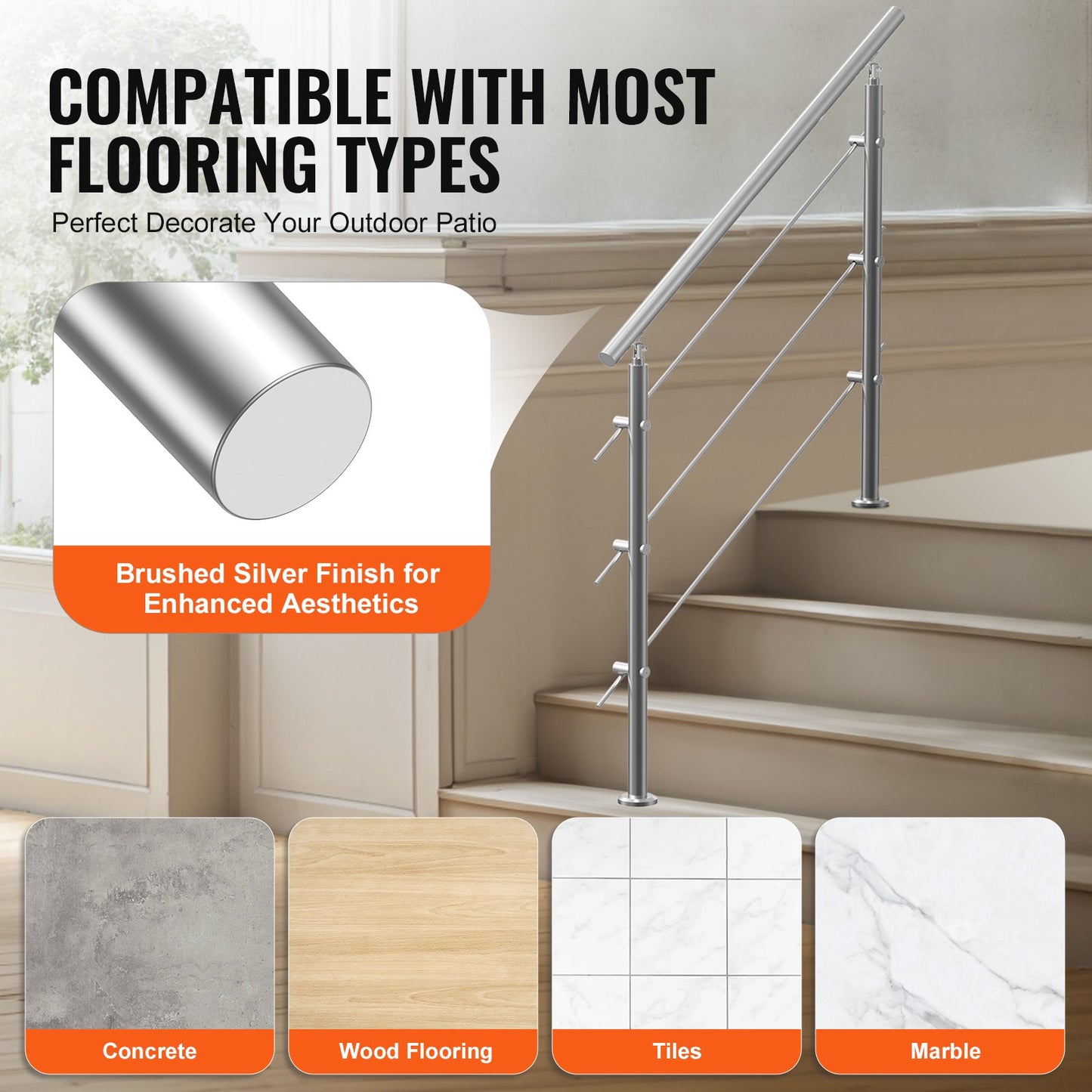 47.2in Handrails for Outdoor Stairs 3 Crossbars Stairs for Porch Deck