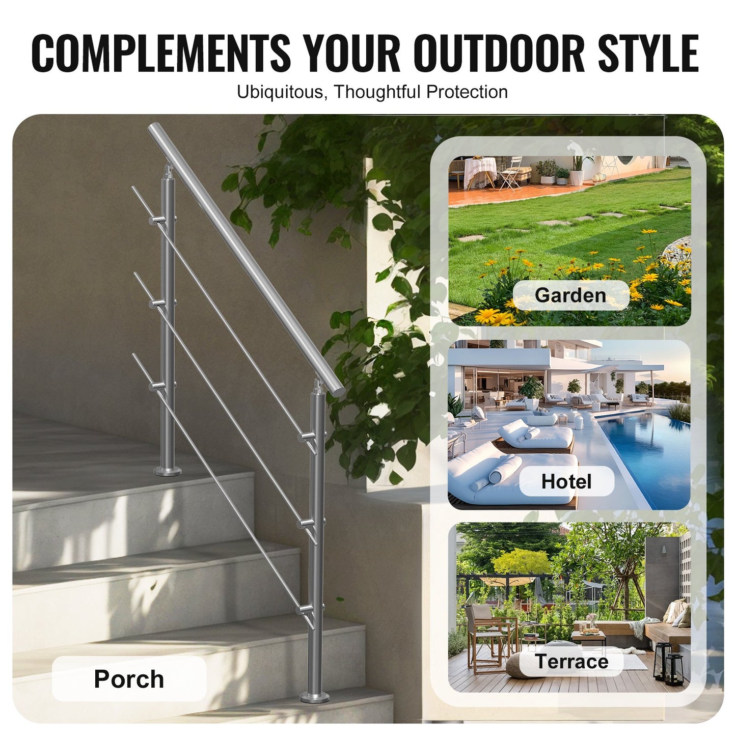 47.2in Handrails for Outdoor Stairs 3 Crossbars Stairs for Porch Deck