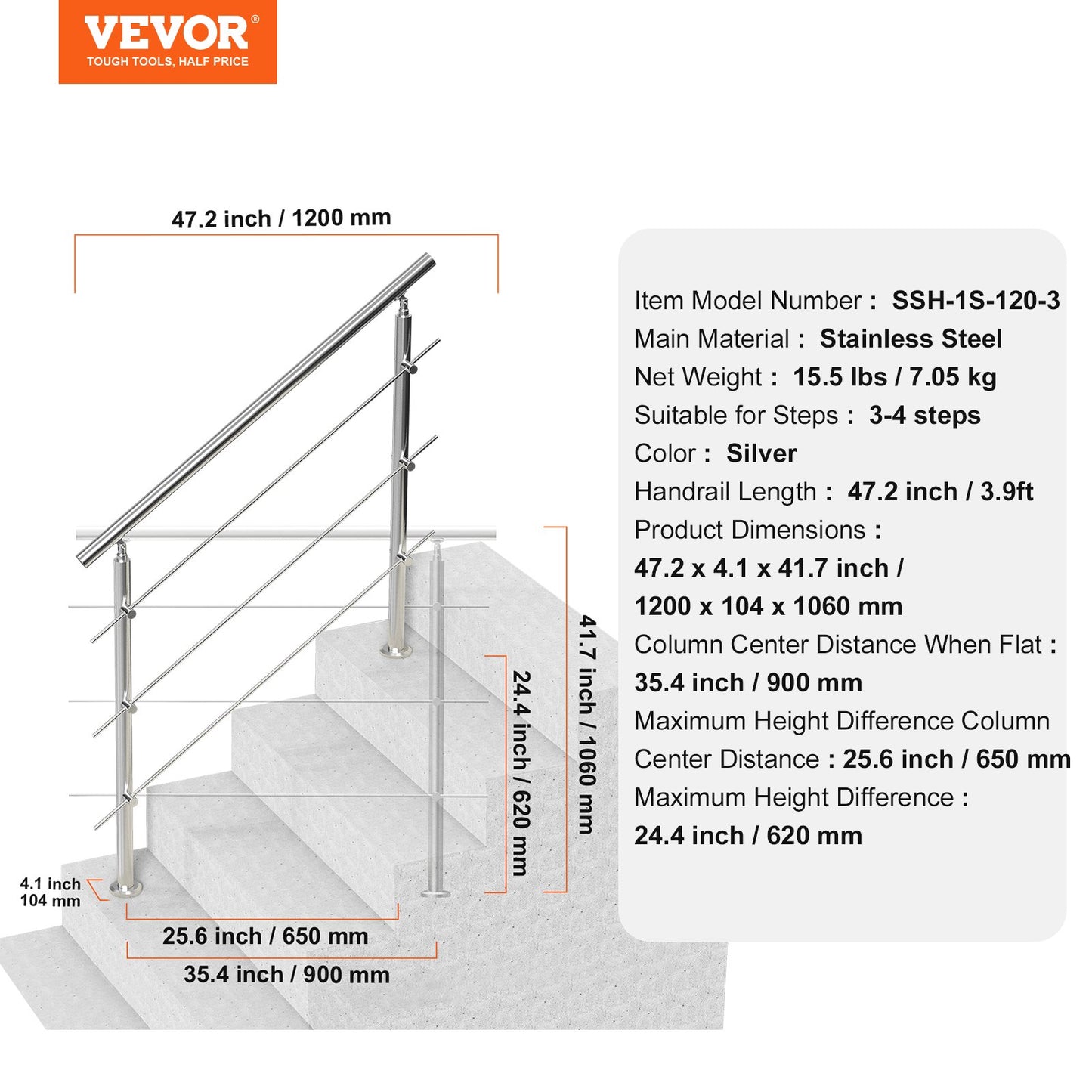 47.2in Handrails for Outdoor Stairs 3 Crossbars Stairs for Porch Deck