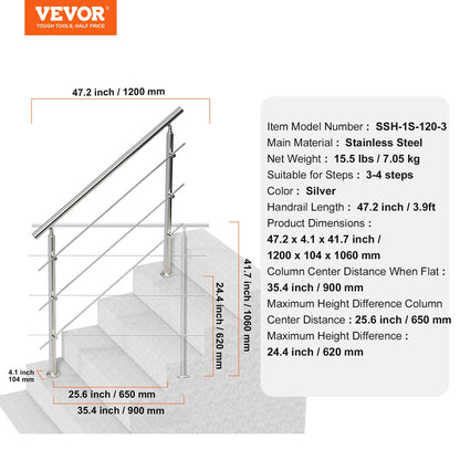 47.2in Handrails for Outdoor Stairs 3 Crossbars Stairs for Porch Deck