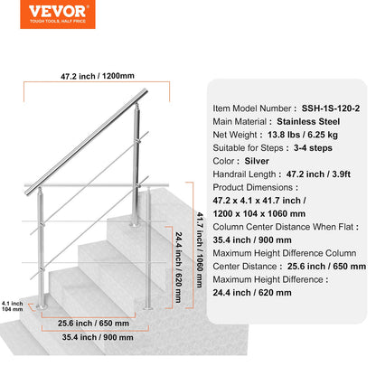 47.2in Handrails for Outdoor Stairs 2 Crossbars Stairs for Porch Deck