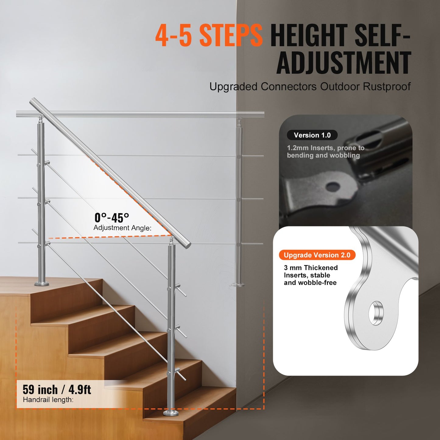 59in Handrails for Outdoor Stairs 3 Crossbars Stairs for Porch Deck