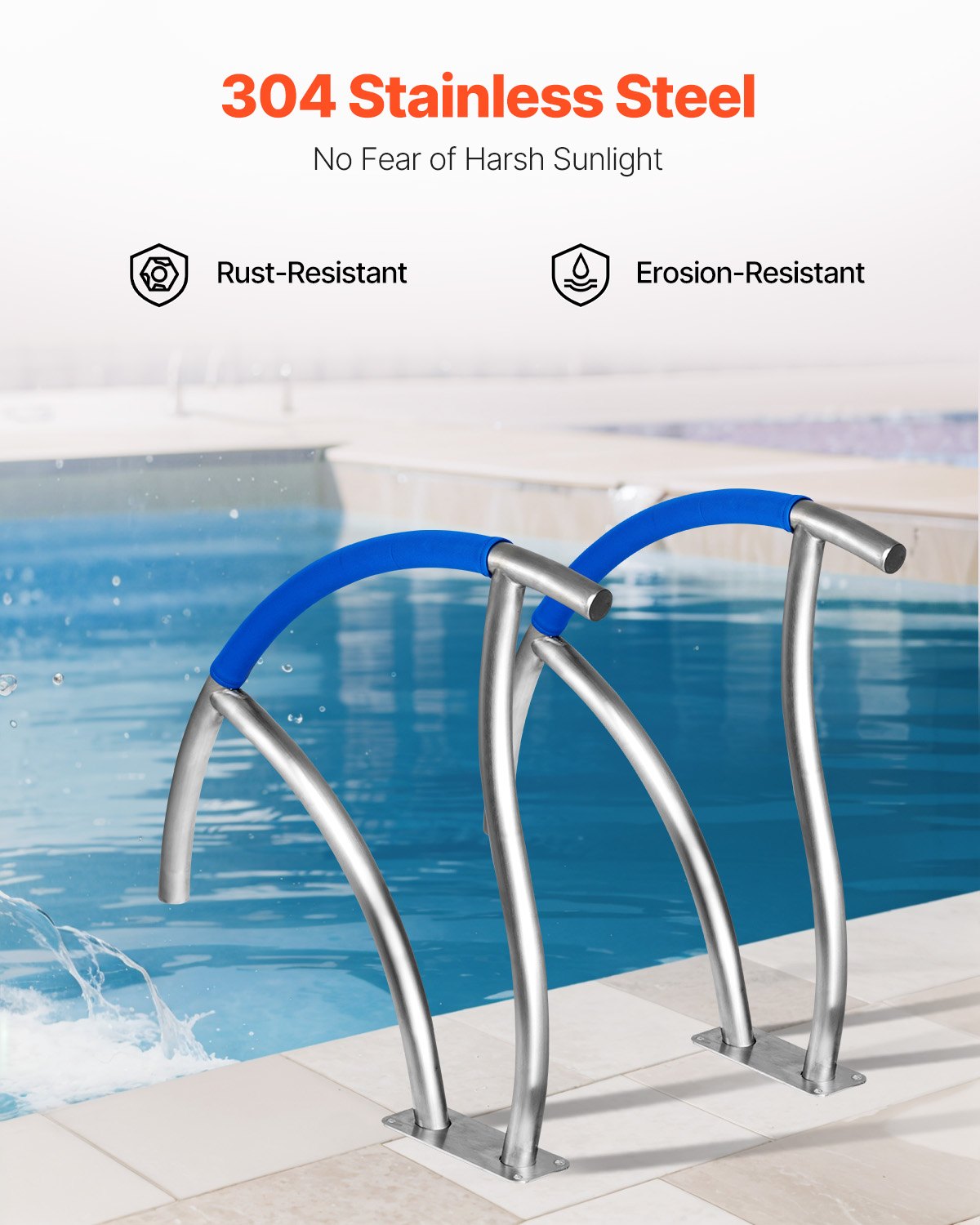 Pool handrail, 30" x 30" pool stair rail, 2 stainless steel pool stair treads with 375 pound load capacity, pool rail with quick-mount base plate and complete mounting hardware