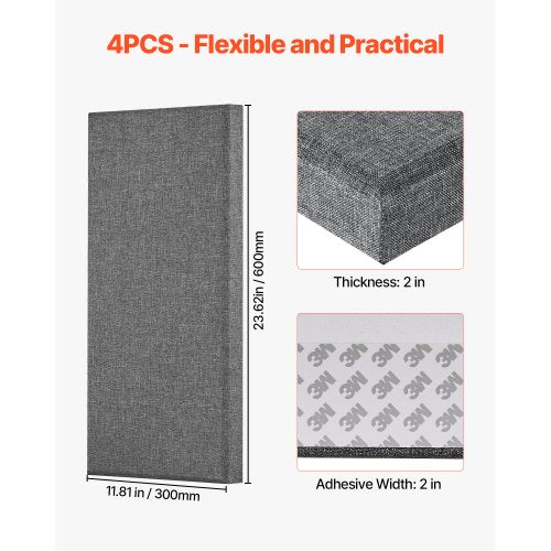 4 acoustic wall panels 5 cm thick 63 x 28 cm self-adhesive grey