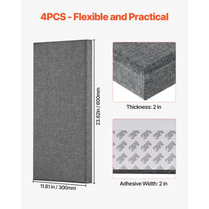 4 acoustic wall panels 5 cm thick 63 x 28 cm self-adhesive grey