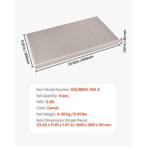 4 acoustic wall panels 5 cm thick 63 x 28 cm self-adhesive camel colored | EU