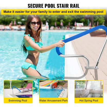 Pool Railing 39x32" Pool Railing 304 Stainless Steel 250LBS Load Capacity Silver Rustproof Pool Handrail Humanized Pool Handrail with Blue Grip Protection &amp; M8 Drill and Self-Tapping Screws