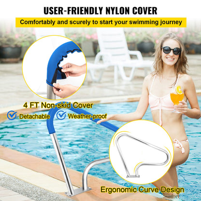Pool Railing 39x32" Pool Railing 304 Stainless Steel 250LBS Load Capacity Silver Rustproof Pool Handrail Humanized Pool Handrail with Blue Grip Protection &amp; M8 Drill and Self-Tapping Screws