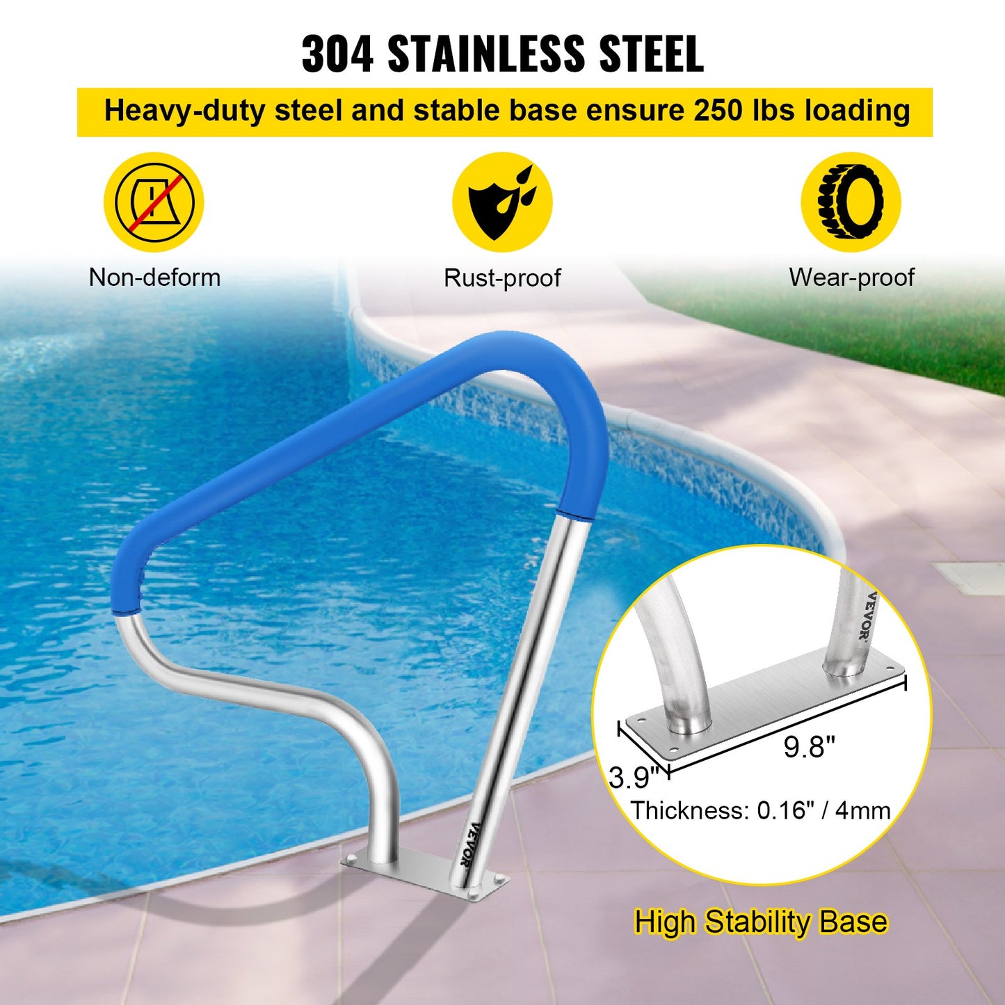 Pool Railing 39x32" Pool Railing 304 Stainless Steel 250LBS Load Capacity Silver Rustproof Pool Handrail Humanized Pool Handrail with Blue Grip Protection &amp; M8 Drill and Self-Tapping Screws