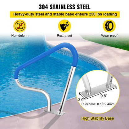 Pool Railing 39x32" Pool Railing 304 Stainless Steel 250LBS Load Capacity Silver Rustproof Pool Handrail Humanized Pool Handrail with Blue Grip Protection &amp; M8 Drill and Self-Tapping Screws