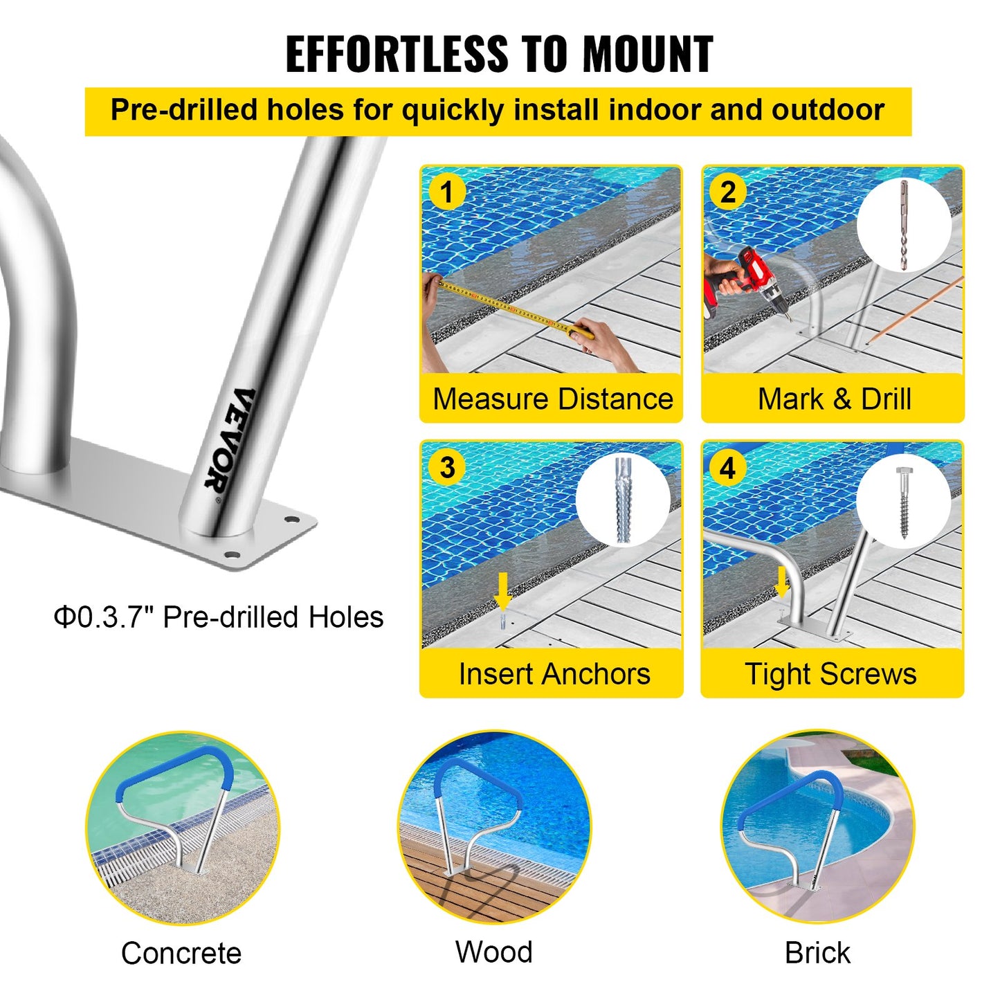 Pool Railing 39x32" Pool Railing 304 Stainless Steel 250LBS Load Capacity Silver Rustproof Pool Handrail Humanized Pool Handrail with Blue Grip Protection &amp; M8 Drill and Self-Tapping Screws
