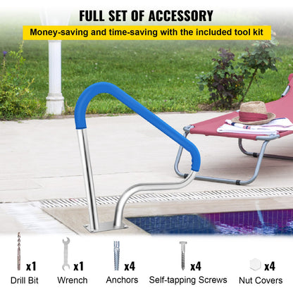 Pool Railing 39x32" Pool Railing 304 Stainless Steel 250LBS Load Capacity Silver Rustproof Pool Handrail Humanized Pool Handrail with Blue Grip Protection &amp; M8 Drill and Self-Tapping Screws