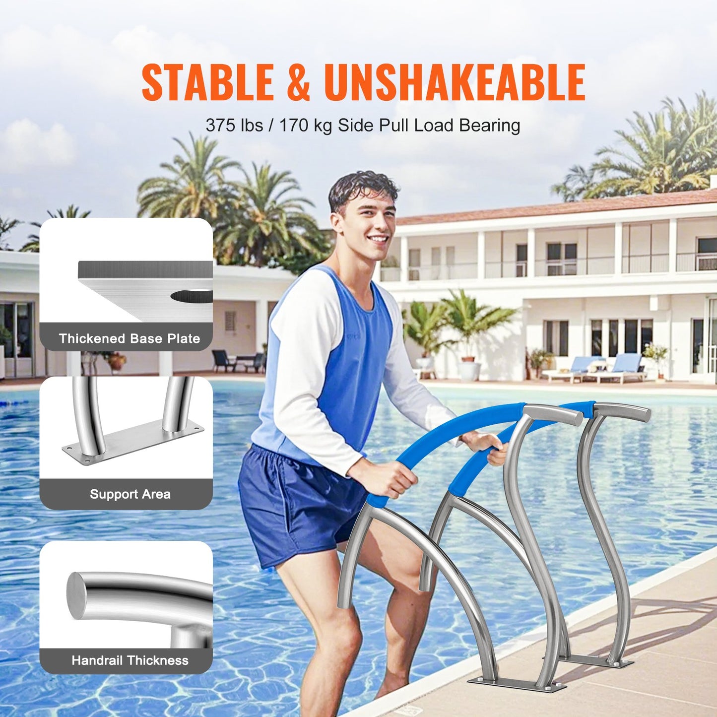 Pool Handrail 2 PCS 30x30in Stainless Steel with Base Plate for Spa Bath