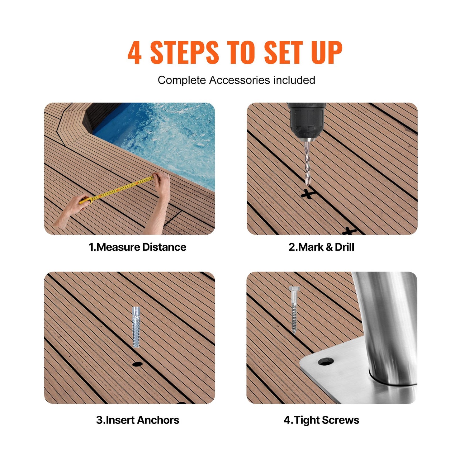 Pool Handrail 2 PCS 30x30in Stainless Steel with Base Plate for Spa Bath