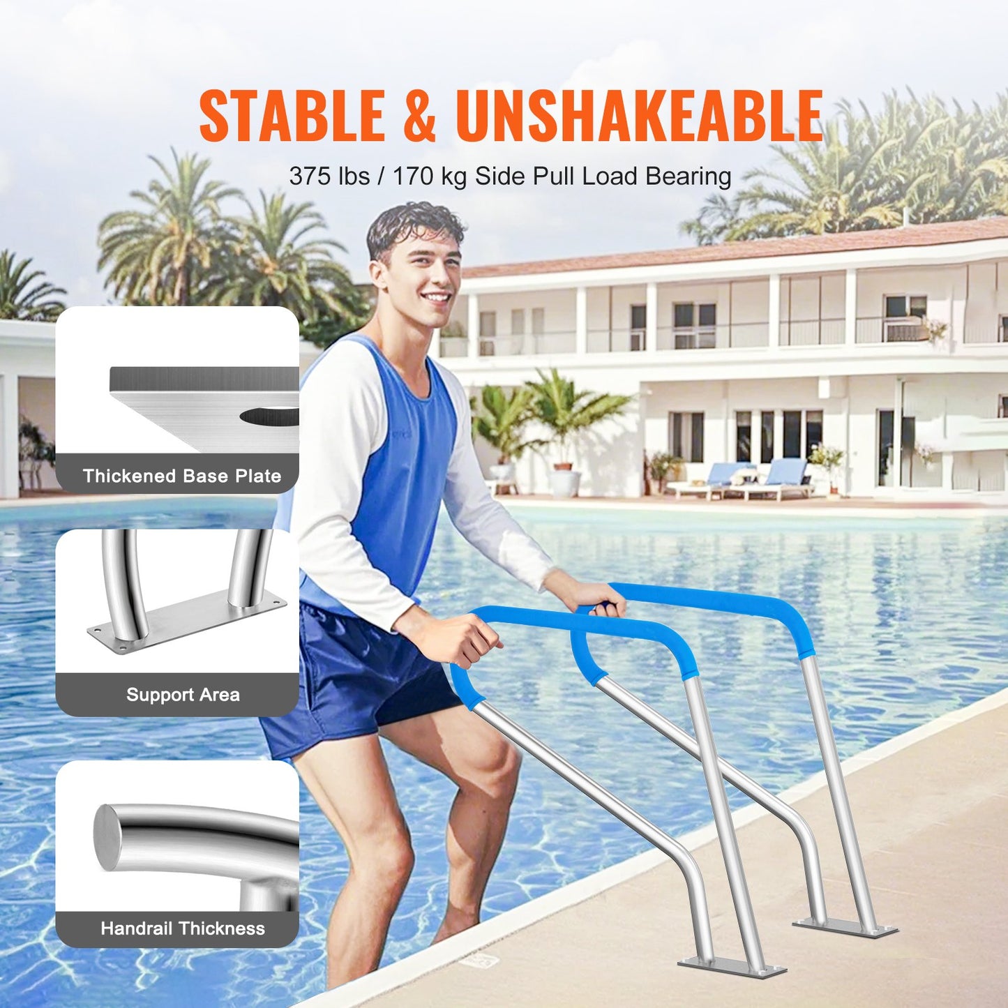 Pool Handrail 39 x 32 inch Stainless Steel with Base Plate for Hot Tub