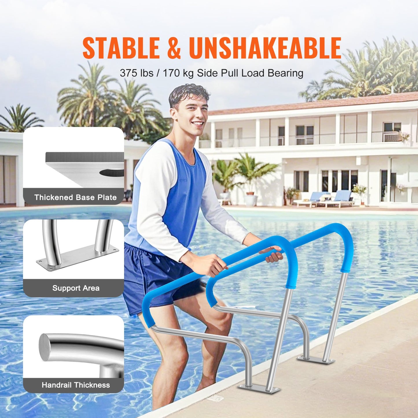 Pool Handrail 2 PCS 48x36in Stainless Steel with Base Plate for Spa Bath