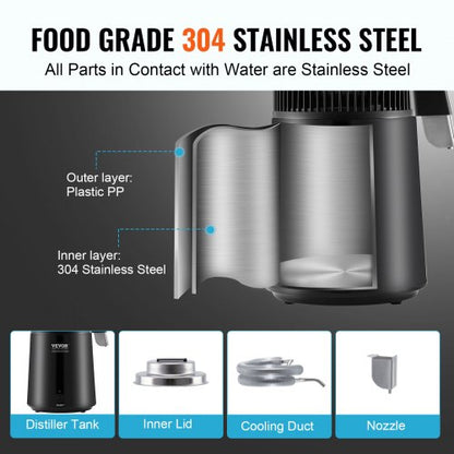 4L Water Distiller Purifier Machine Countertop Stainless Steel Interior | EU
