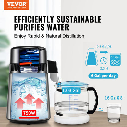 4L Water Distiller Purifier Machine Countertop Stainless Steel Interior