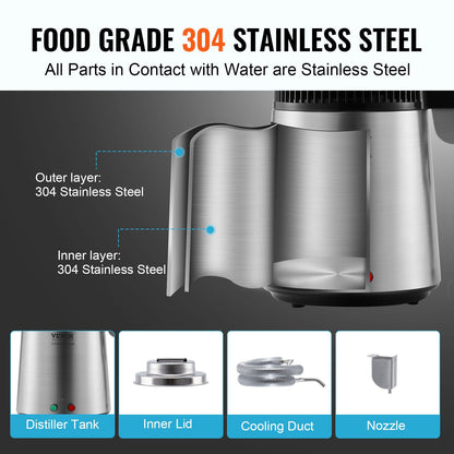 4L Water Distiller Purifier Machine Countertop Stainless Steel Interior