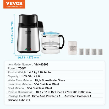 4L Water Distiller Purifier Machine Countertop Stainless Steel Interior