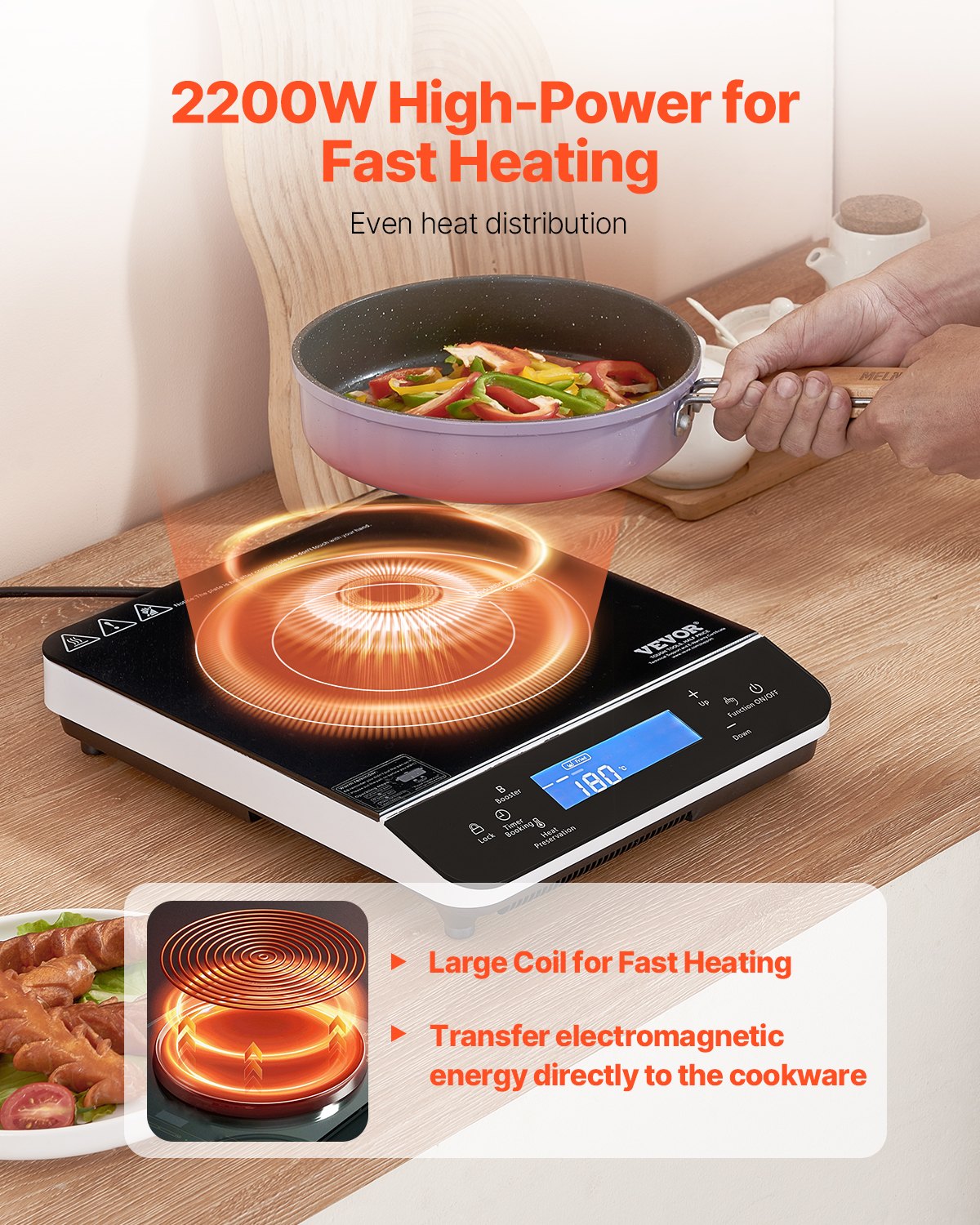 Portable Induction Cooktop 2200W Countertop Burner 9 Temperature Levels Hot Plate