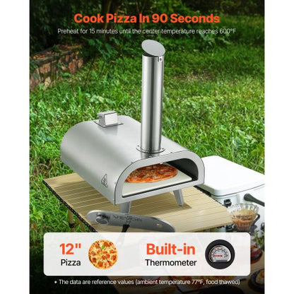 12" utomhuspizzaugn bärbar pizzaugn i träpellets, rostfritt stål, grill