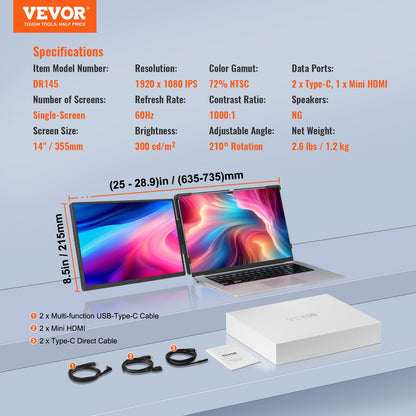 Laptop Screen Extender 14-tums HD 1080P bärbar bildskärm för 13"-17" bärbar dator