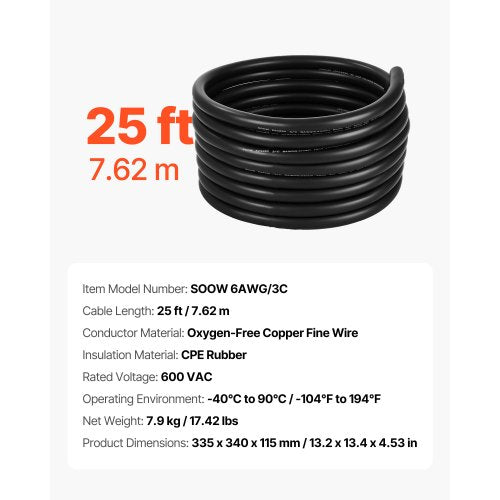 25 FT 6AWG Premium strömkabel förlängningssladd koppartråd