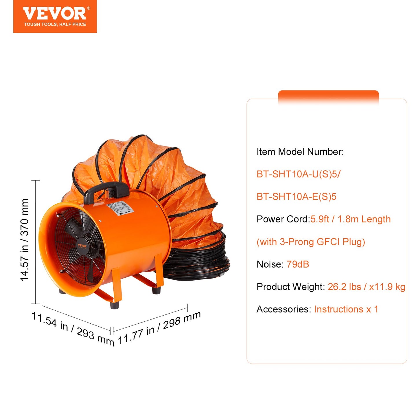 254 mm Fläktfläkt Bärbar 5 m kanalslang Ventilator Industriell