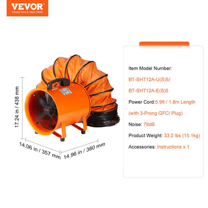 304.8mm Portable Fan Blower 5m Duct Hose Ventilator Industrial