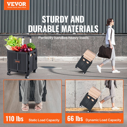 Foldable Utility Cart, 110 lbs lastkapacitet, hopfällbar bärbar rullande låda handkärra med kraftigt teleskopiskt handtag och 4 roterande hjul för resor Shopping Flyttande bagage kontorsbruk, svart