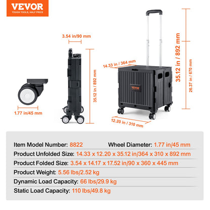 Foldable Utility Cart, 110 lbs lastkapacitet, hopfällbar bärbar rullande låda handkärra med kraftigt teleskopiskt handtag och 4 roterande hjul för resor Shopping Flyttande bagage kontorsbruk, svart
