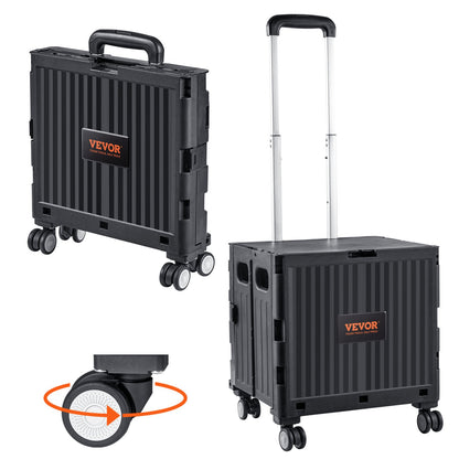 Foldable Utility Cart, 110 lbs lastkapacitet, hopfällbar bärbar rullande låda handkärra med kraftigt teleskopiskt handtag och 4 roterande hjul för resor Shopping Flyttande bagage kontorsbruk, svart